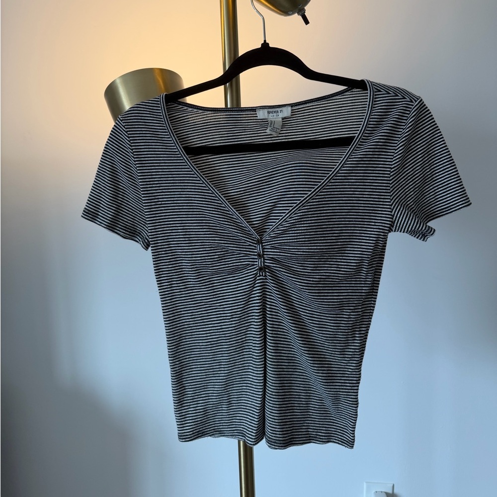Forever 21 Black and White Striped V-Neck Tee